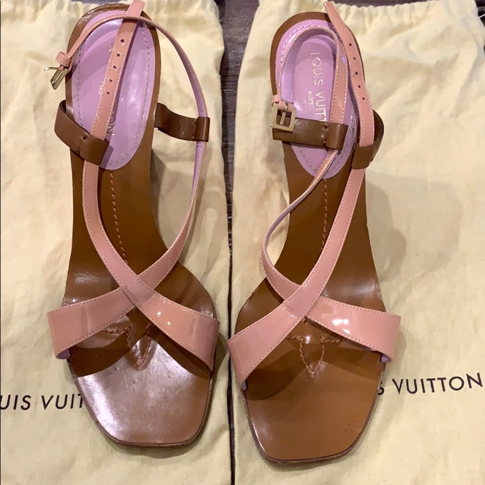 Louis Vuitton Pink and Brown Patent Leather Wedge Sandals